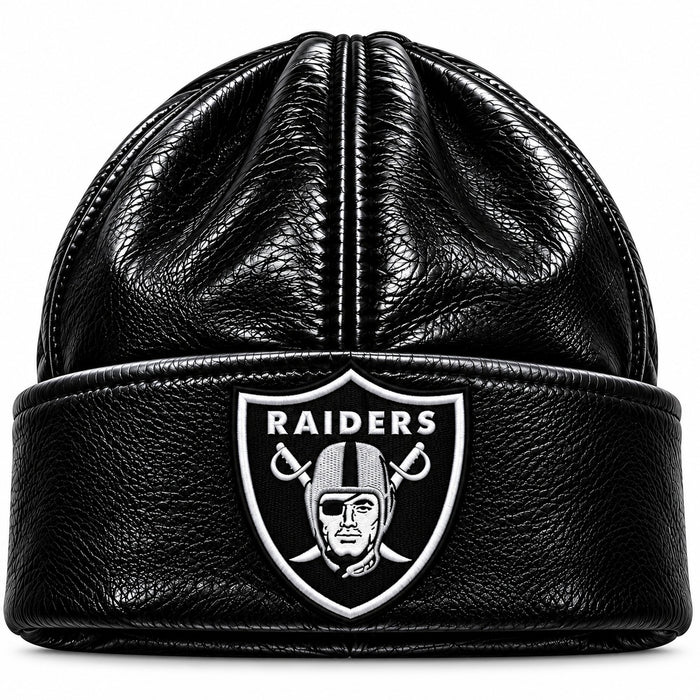 Black Leather Raiders Skully Beanie Hat | Premium Streetwear Headwear