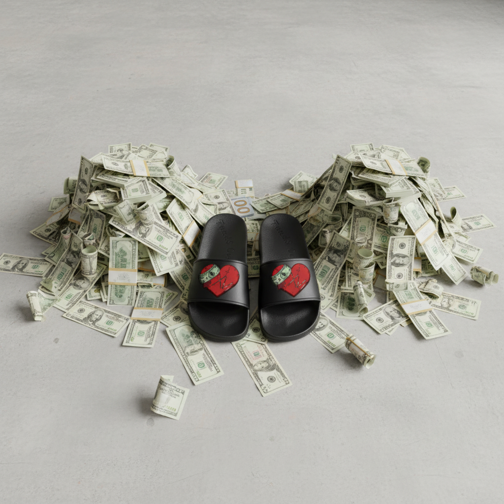 Funds Over Feeling$ Black Slides – Broken Heart Money Graphic Sandals ❤️💵