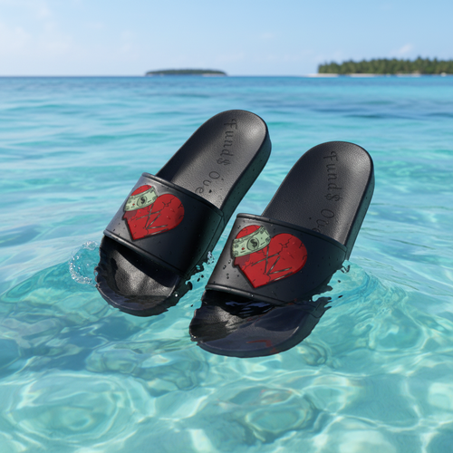 Funds Over Feeling$ Black Slides – Broken Heart Money Graphic Sandals ❤️💵