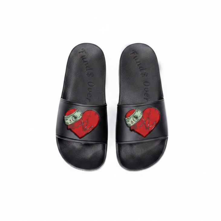 Funds Over Feeling$ Black Slides – Broken Heart Money Graphic Sandals ❤️💵