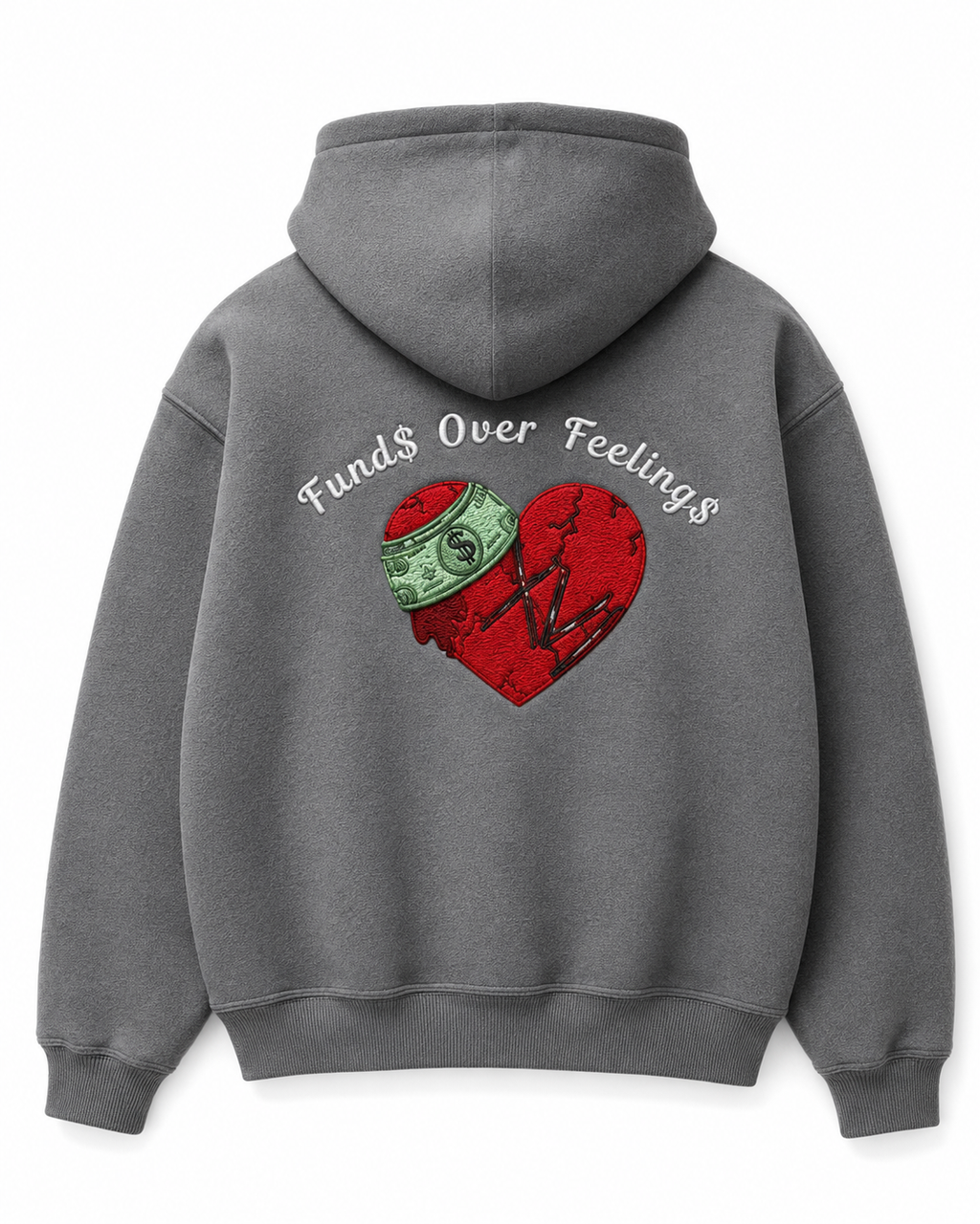 Funds Over Feelings Grey Premium Cotton 3D Embroidered Hoodie